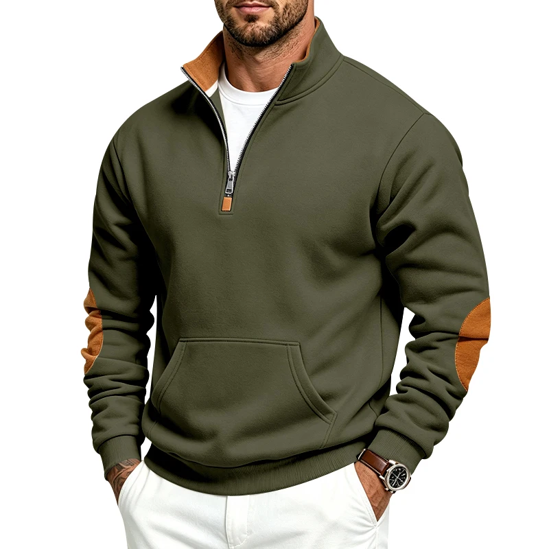 Men's Single-Piece Autumn and Winter Fleece-Lined Zip-Up Stand-Collar Sweatshirt, Pullover Long-Sleeve Casual Thick Top