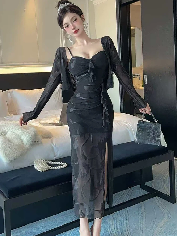 Nowy różowy kwiatowy komplet: seksowna długa sukienka na ramiączkach z siateczki + bluzki, dwuczęściowy zestaw damski, elegancki, dopasowany, na wiosnę i lato, casualowy komplet sukienek.