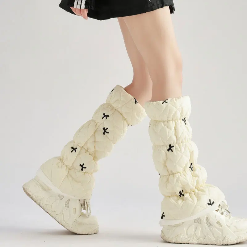 Women Winter Cotton Padded Mid-Calf Leg Warmers Plush Lining Windproof Thermal Stockings Boot Cover Cuffs