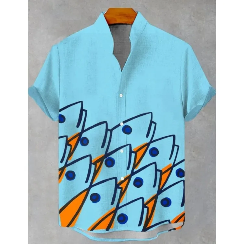 New Retro Fish Pattern Print men's New Linen Comfortable Fabric Short Sleeve Shirt Tribal Ethnic Style ropa casual para hombres