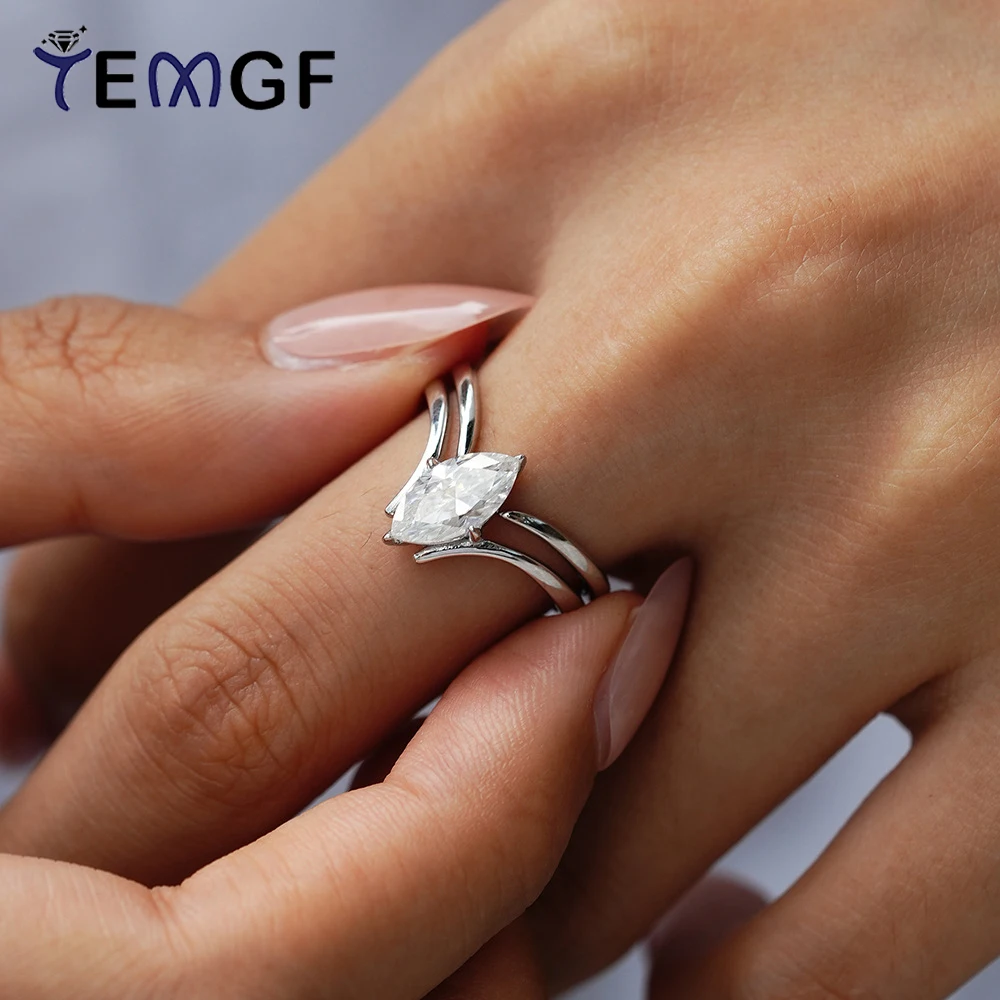 

TEMGF 1CT Moissanite Ring D Color Marquise Cut GRA Certified 925 Sterling Silver Double Ring for Women's Finger Elegant Jewelry