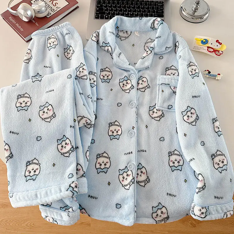 Nuevo Chikawa franela gruesa invierno Usagi pantalones de pijama de manga larga conjunto para mujeres más terciopelo lindo azul Hachiware ropa para el hogar