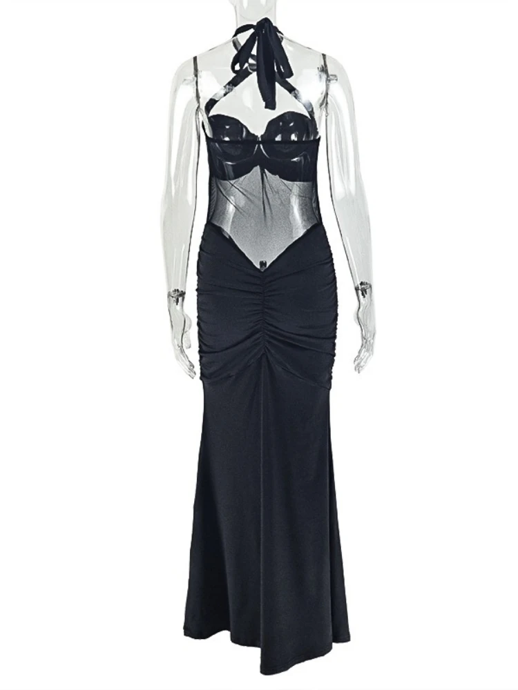 Sukienka długa Foamlina z krzyżującymi się ramiączkami, marszczeniami, seksowna, damska, modna, z prześwitującą siateczką, dopasowana, bez pleców, suknia wieczorowa 2025