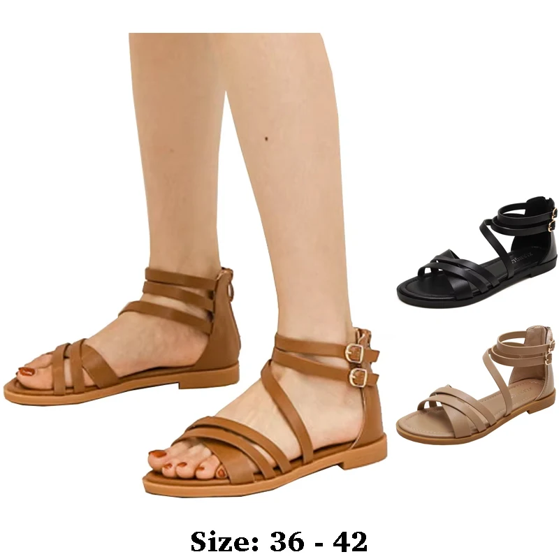 

High quality leather flat sandals for women new summer 2025 36 42 open toe casual beach shoe black khaki brown