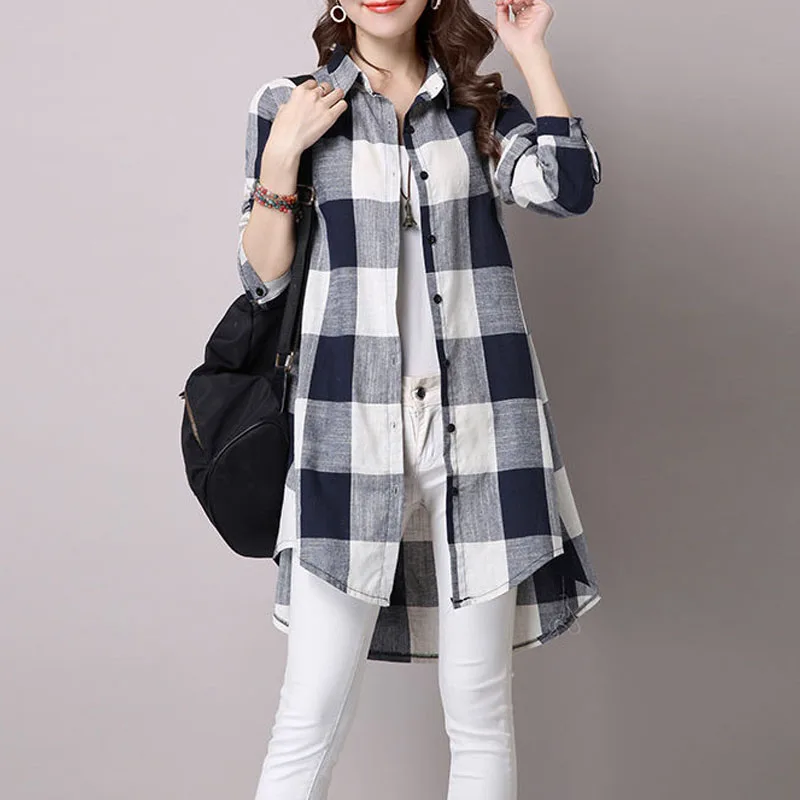 Casual Korean Female Midi Turn-down Collar Plaid Shirt 2024 Fashion Spring Autumn Young Style Single-breasted Long Sleeve Blouse