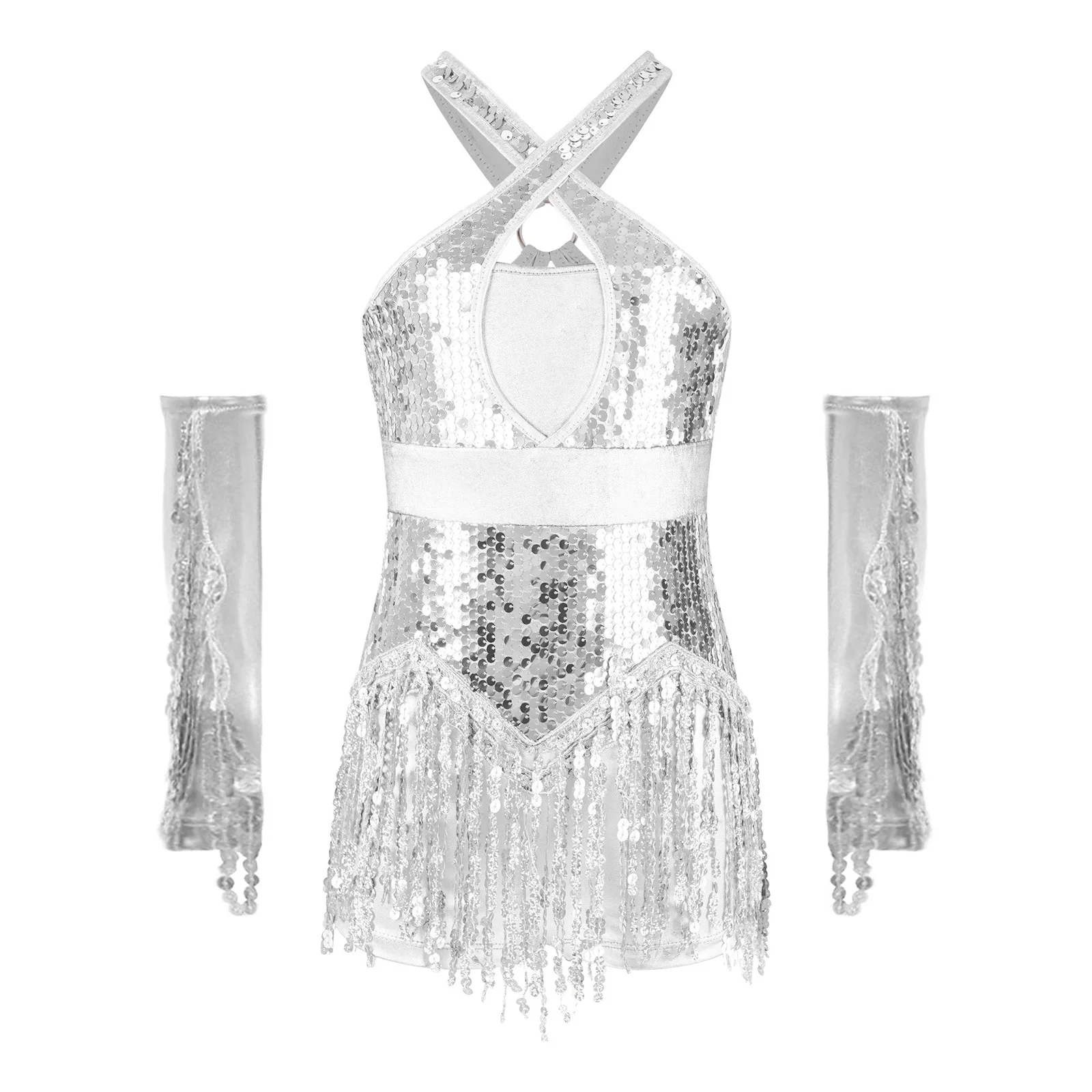 Kinderen Meisjes Latin Salsa Dansvoorstelling Kostuum Cha-Cha Jazz Outfit Sparkly Pailletten Kwastje Turnpakje met Lovertjes Kwastjes Handschoenen