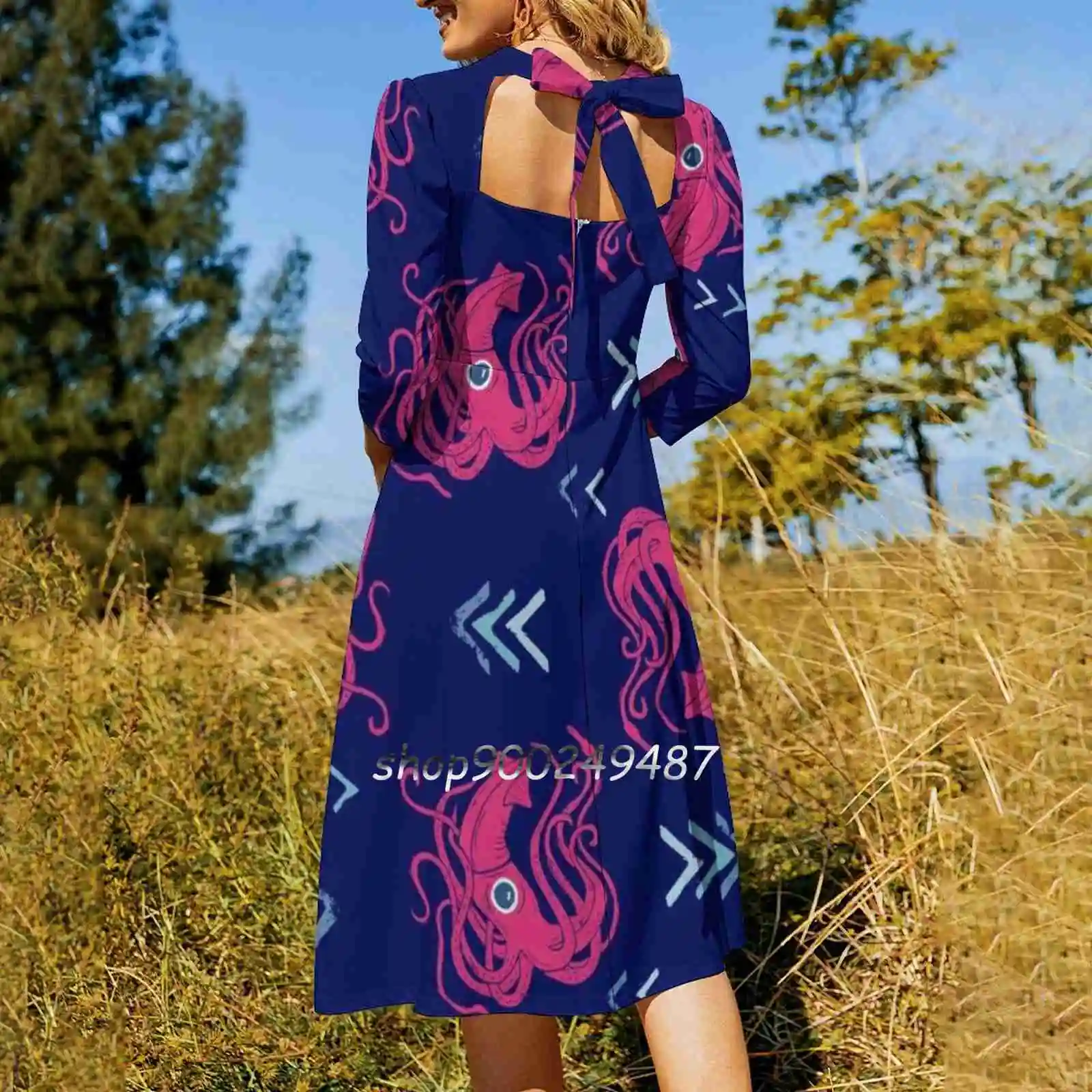 Giant Squid Square Neck Dress New Plus Size Elegant Women Waist Tight Dress Sea Monster Giant Squid Squid Linocut Making