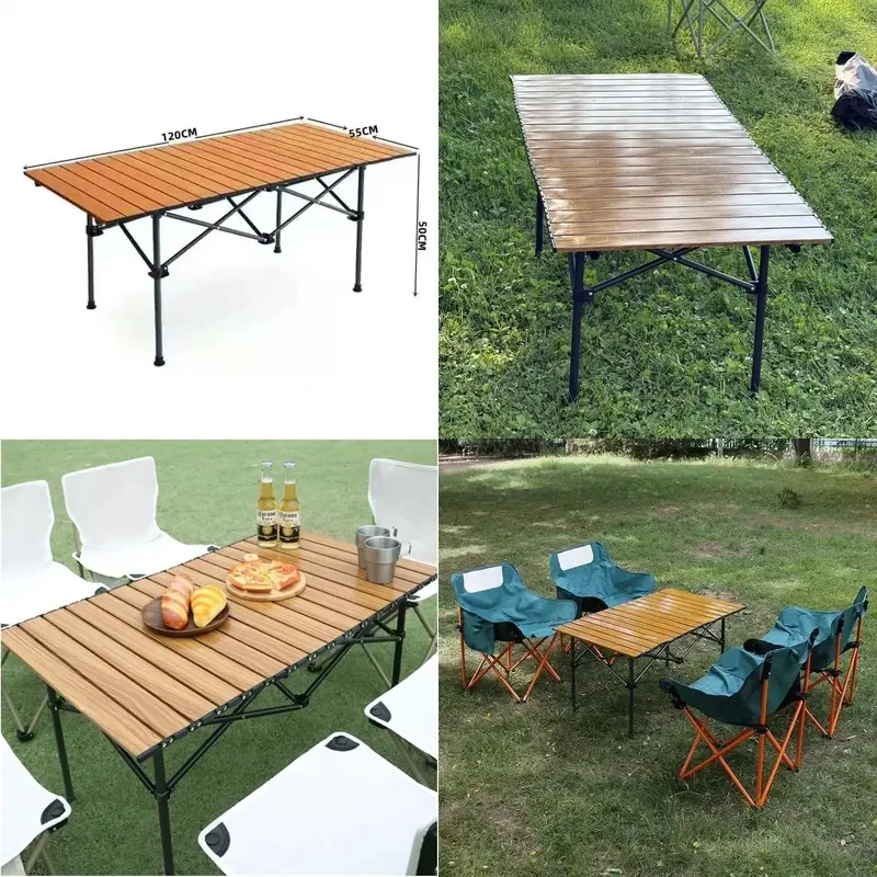 Outdoor Portable Folding Camping Table Carbon Steel Wood Grain Picnic Fishing Roll Up Desk for Sports and Stall Use