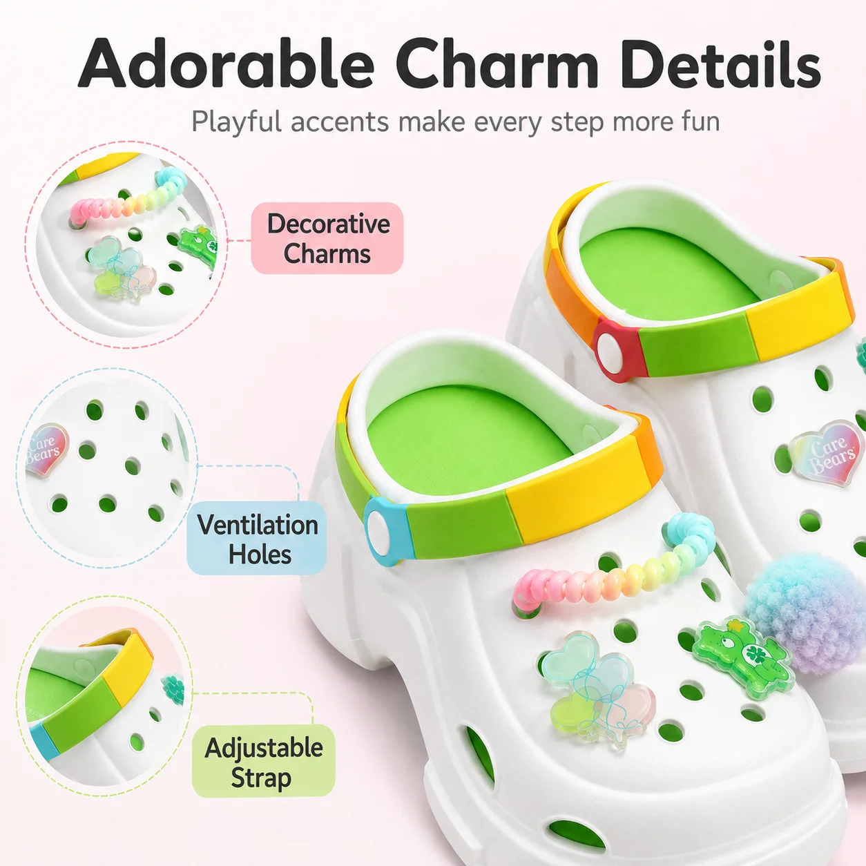 MINISO Platform Clogs for Women Cute Care Bears Pom Pom Charms Lightweight Breathable Slip On Beach Sandals Casual Slippers