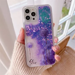 Dandelion Floral Quicksand for iPhone 15 Pro 14 13 16 Pro Max Phone Case Purple Moving Sand Heart Flakes Soft Cover Clear Shell