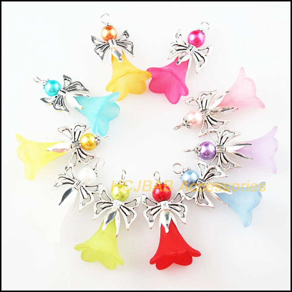 10Pcs Tibetan Silver Plated Horn Flower Angel Mixed Acrylic Charms Pendants 20x43mm