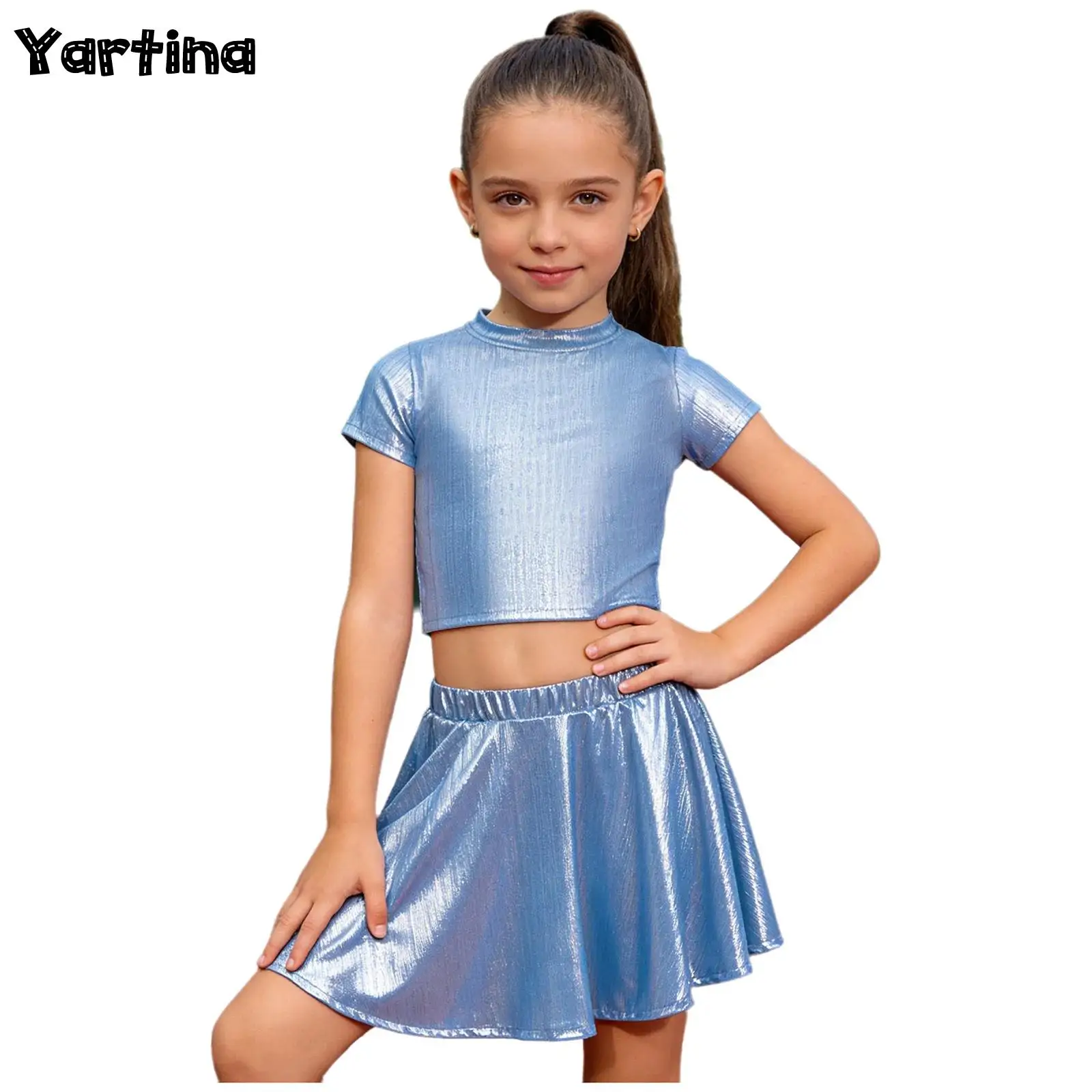 

Kids Girls Hip Hop Cheerleading Jazz Dance Performance Costume Metallic Ribbed Dance Outfit Short-sleeve T-shirt with Skirt