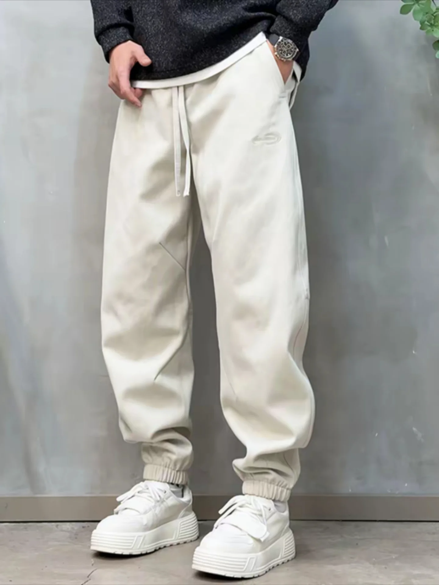

Men's Winter Thiened Fce Windproof Casual Pants Loose Fit Sports Workwear Trousers Straight Leg Elastic Waisand