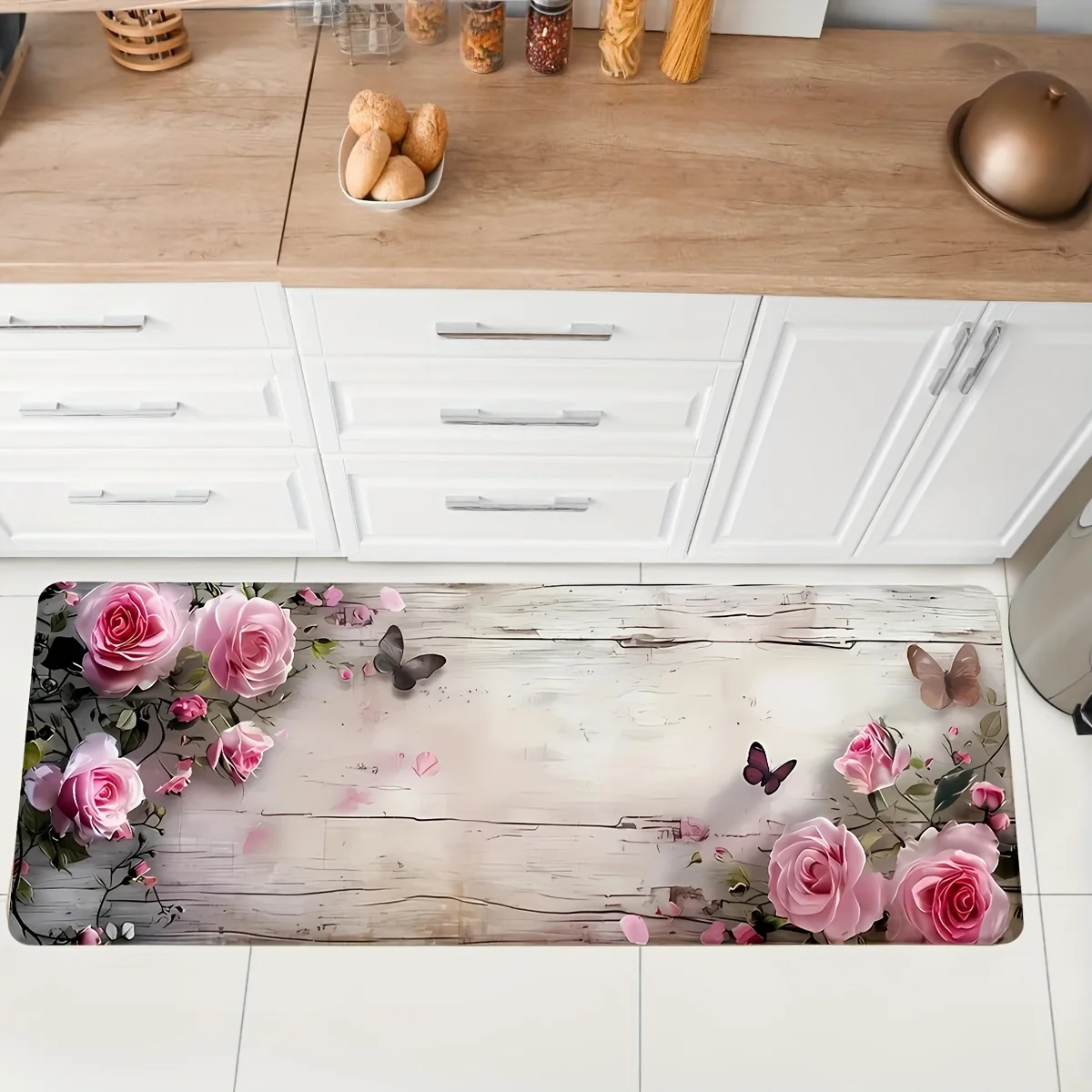 Shabby Chic Rosa Rosen Küchenteppich Rutschfeste Waschbare Kieselgur-Bodenmatte für Küche Flur Balkon Waschküche Deko