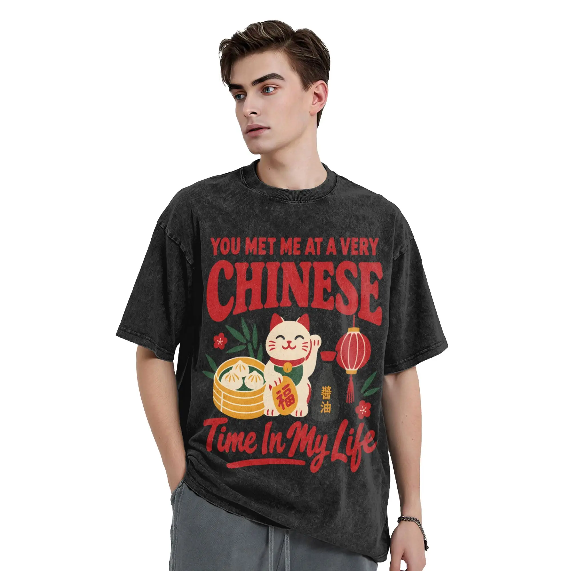 You Met Me at A Very Chinese Time in My Life Funny Meme Vintage Washed Tshirts Men Cotton Top Tee Vintage  O-neck Short Sleeve
