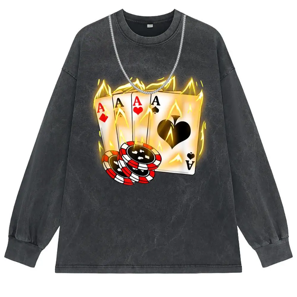 Burning Four Aces Poker Cool Men Vintage T-shirt Europe Sweatshirts Man Tshirts Long Sleeve Birthday Gifts Printed T Shirts