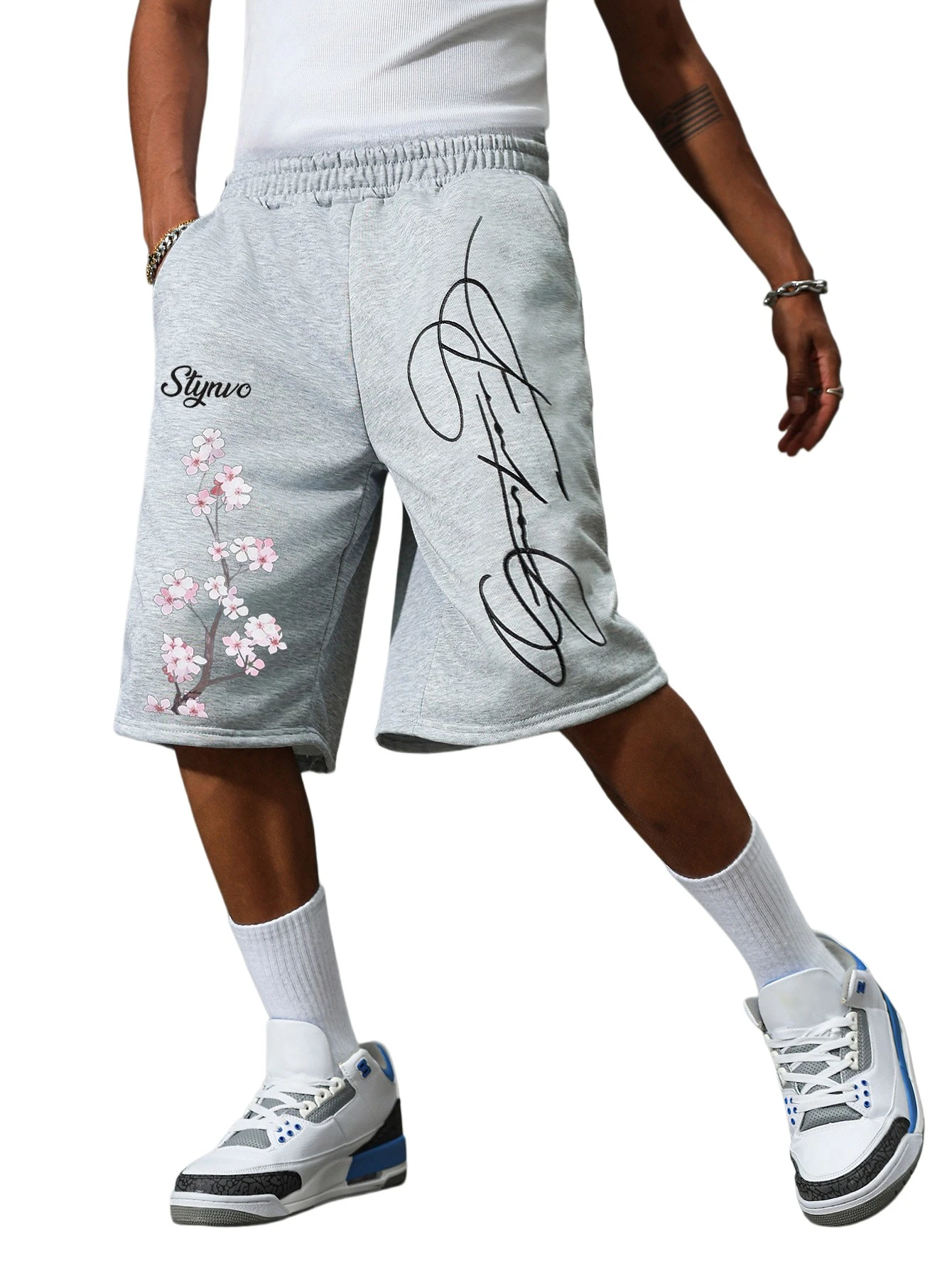 Men's Shorts Street Hip-hop Multifunctional Casual Loose Fit Summer Breathable Cherry Blossom Print Light Gray Shorts