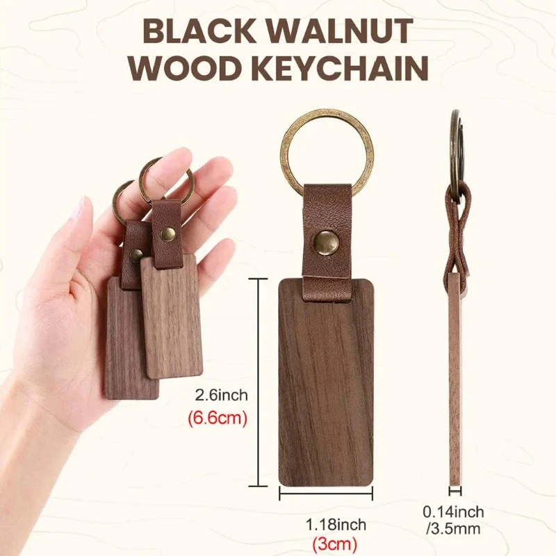 1PCS Free Custom Solid Wood Square Tag Key Chains Wooden Leather Car Keychain Accessories Fashion Bag Pendant Blank Wooden Card
