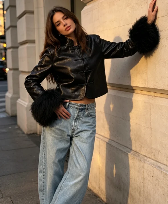 Black Stand Collar Faux Leather Jacket Frog Buttons Fluffy Fur Cuff Long Sleeve Cropped Coat Lady Y2k Streetwear Outerwear