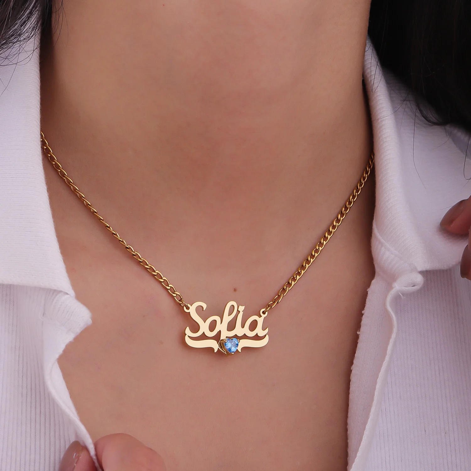 Dascusto individuelles Geburtsstein-Schmuckset, personalisiertes Namensschild, Anhänger, Halskette, 30 mm Creolen, Gold für Frauen, Schmuck, Geschenke – Detail 6