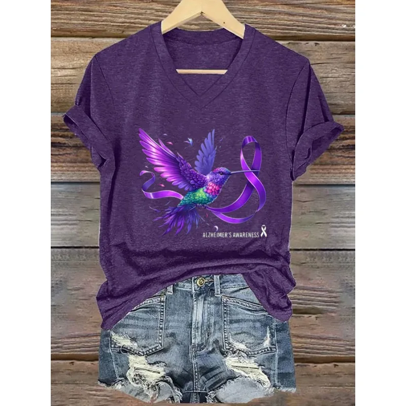Women's Fight Alzheimer's Awareness Print T-Shirts Summer Casual T Shirt Short Sleeve V Neck Tops