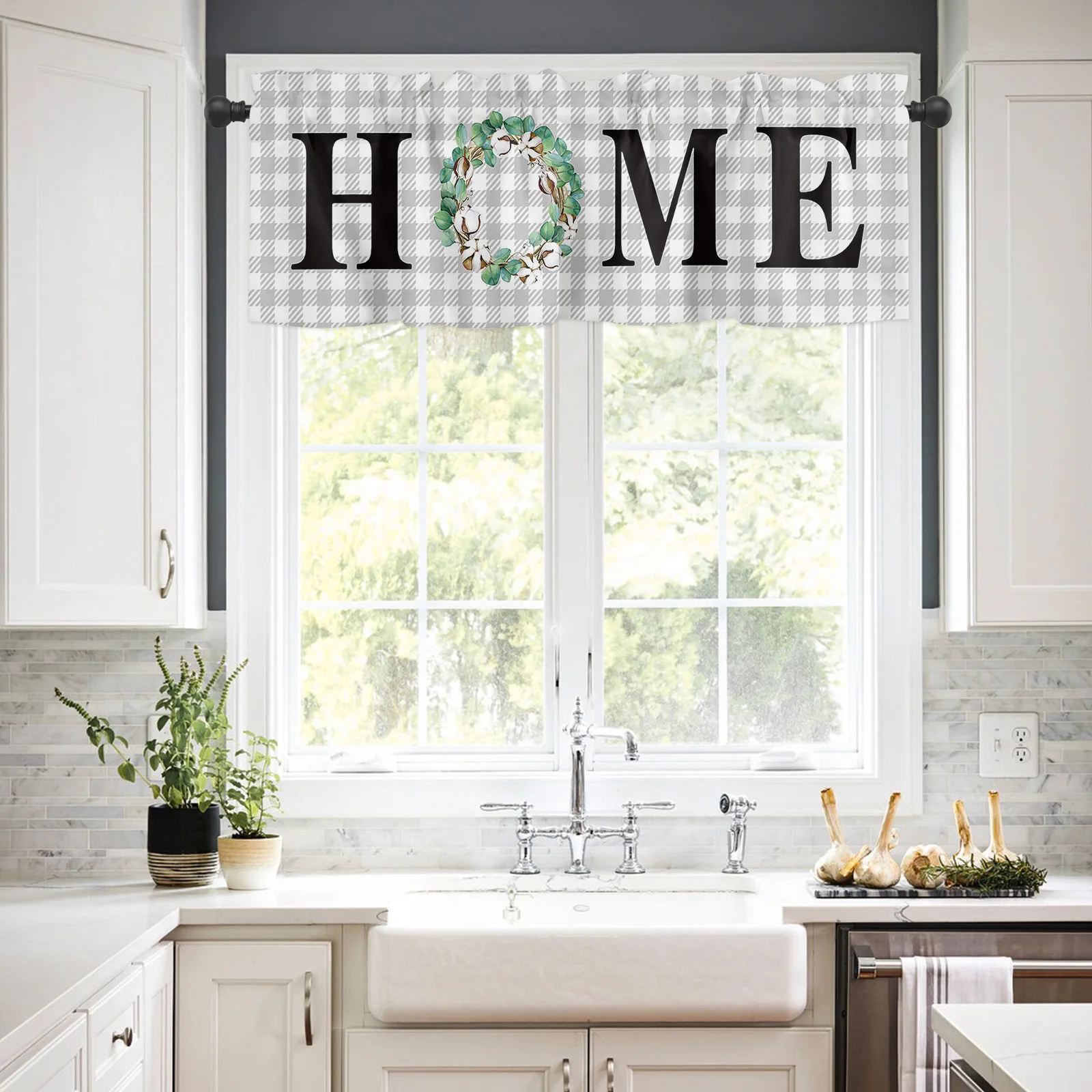 ZEDLIYU Valances for Windows Kitchen Living Room Small Window Valance Eucalyptus Leaves Home 1 Panel, Grey lattice 54 x 18 Inch