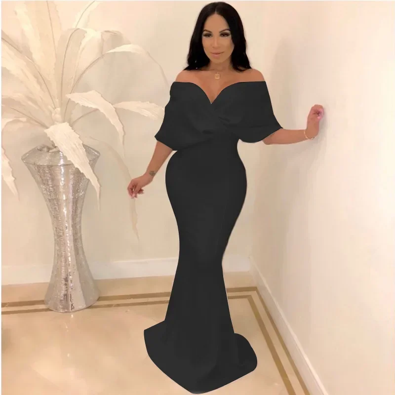 Elegant Women Off Shoulder Fishtail Dress Slim-fit Hip Wrap Maxi Long Sexy Party Evening Dress Party Prom Fashion Dress Vestidos