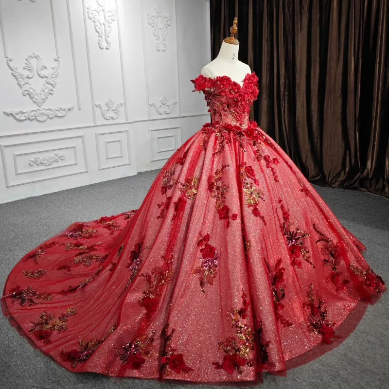 Red Shinning Off The Shoulder Quinceanera Dresses Ball Gown 3DFlowers Appliques Beading Corset  Princess Dress 15 vestidos de