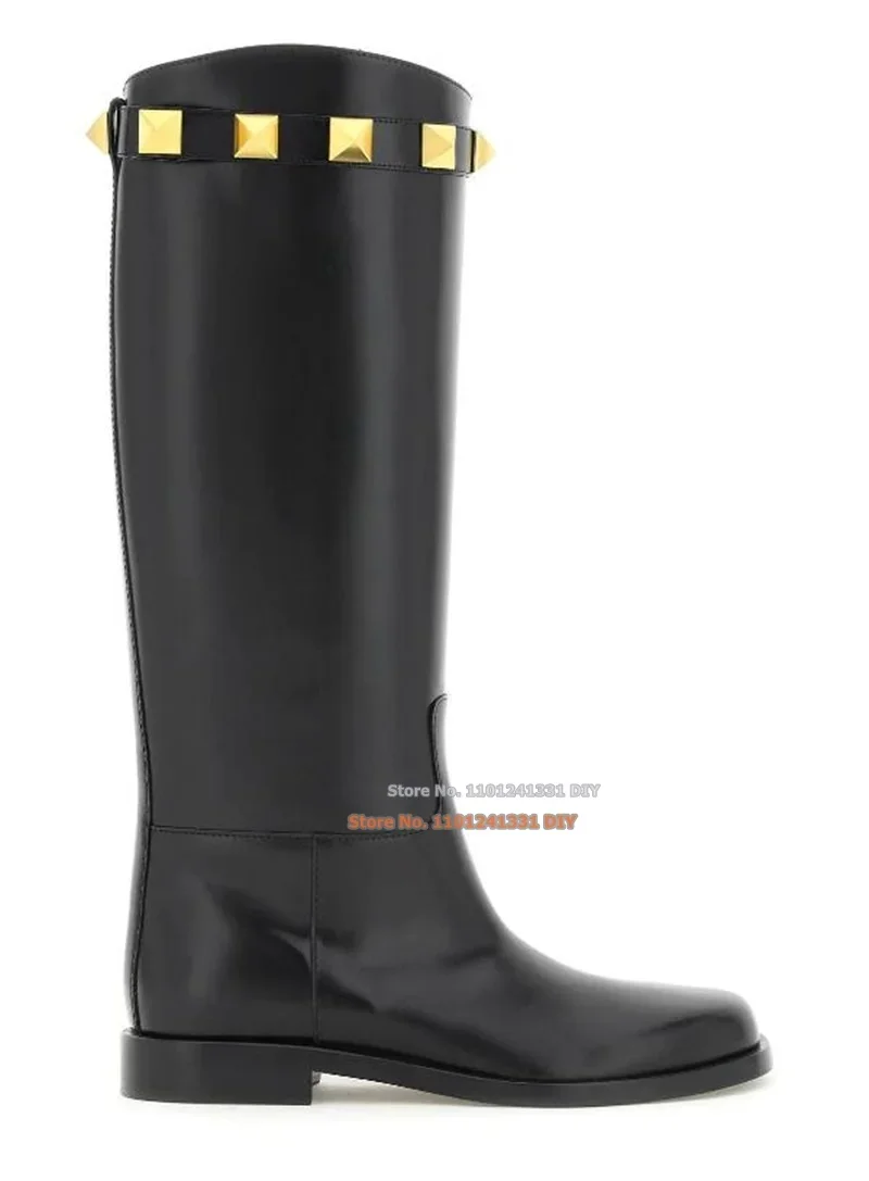 Roman Stud Black Cow Leather Knee High Boot Women Over Gold Tone Hardware Lightly Padded Leather Insole Long Boots