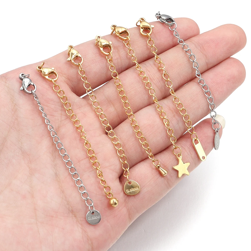 SAUVOO 10pcs Stainless Steel Tail Chain Gold Extension Lobster Clasp Connector For Necklace Bracelet Jewellery Making Supplies