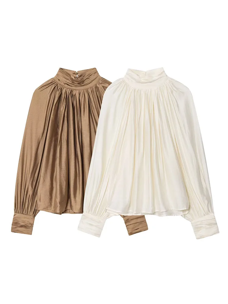 HH mujer moda de otoño Simple versátil cuello alto drapeado Top mujer calle temperamento linterna camisa de manga larga