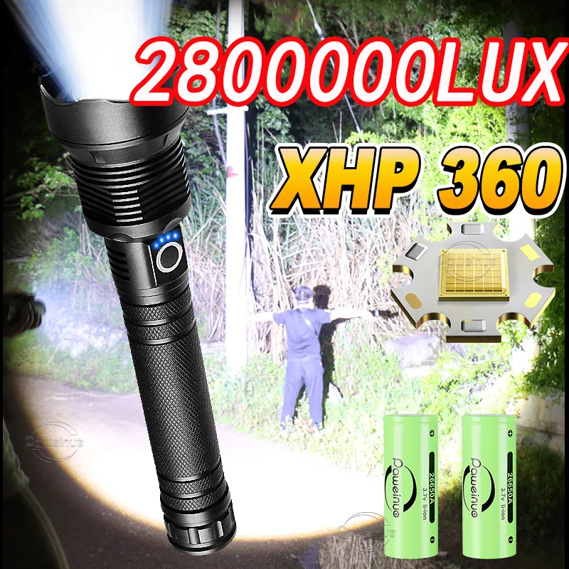 2025 Newly Upgraded XHP360 Powerful Flashlight 26650 Torch Rechargeable Waterproof Handlamp Outdoor Work Camping Fishing Lantern