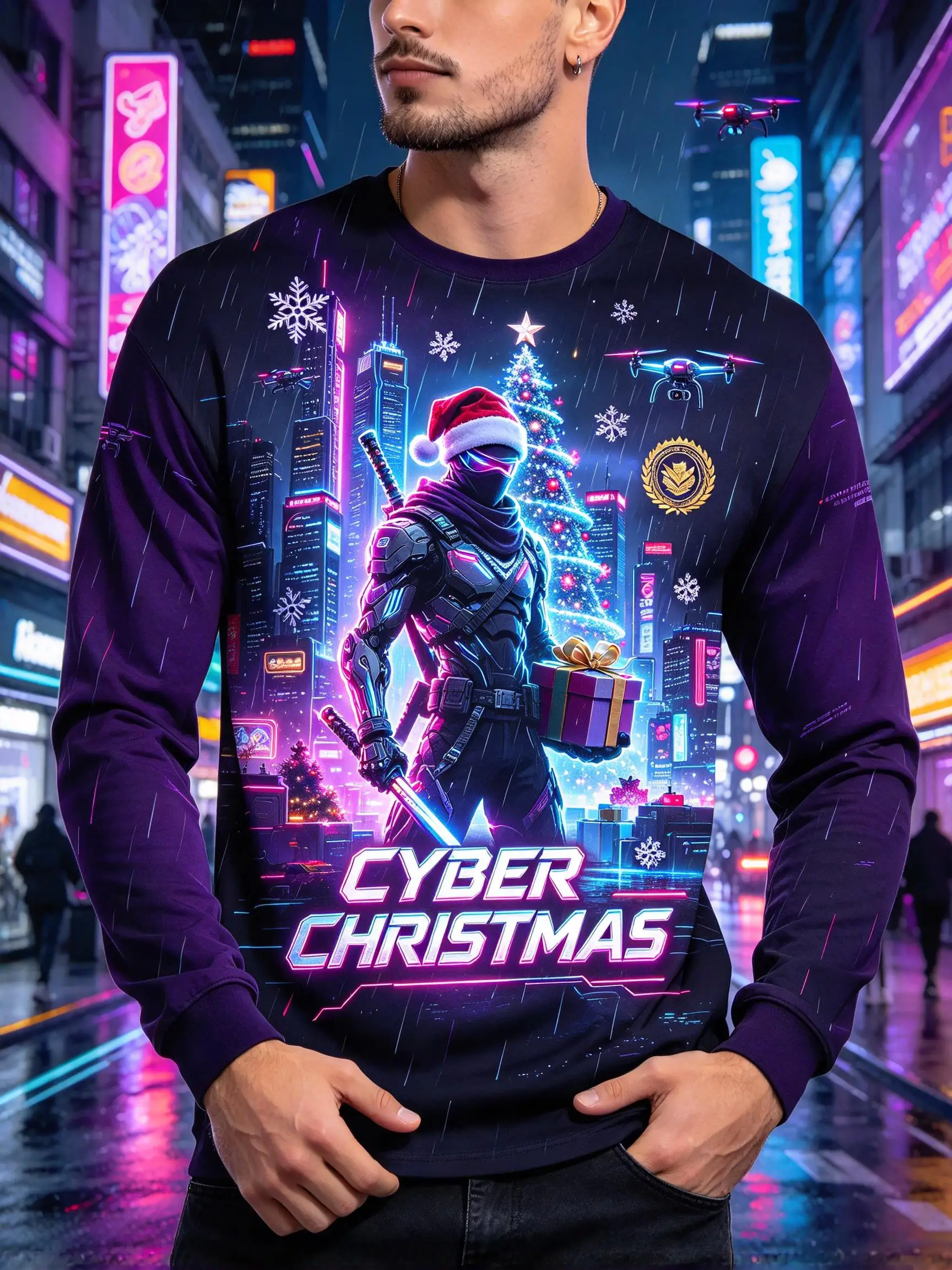 Men's Cyber Christmas Graphic Long Sleeve T-shirt, Cyberpunk Ninja Santa Neon City Xmas Tree Print Casual Holiday Tops Tee