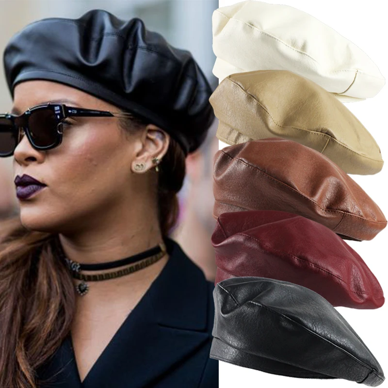 Autumn Winter PU Leather Berets Hats Women Solid Octagonal Cap Vintage Stylish Artist Painter Caps Ladies Beret Flat Hat