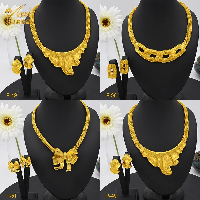 

ANIID Dubai 24K Gold Plated Jewelry Sets Wedding African Necklace and Earrings For Women Nigerian Indian Bridal 2PCS Set Gifts