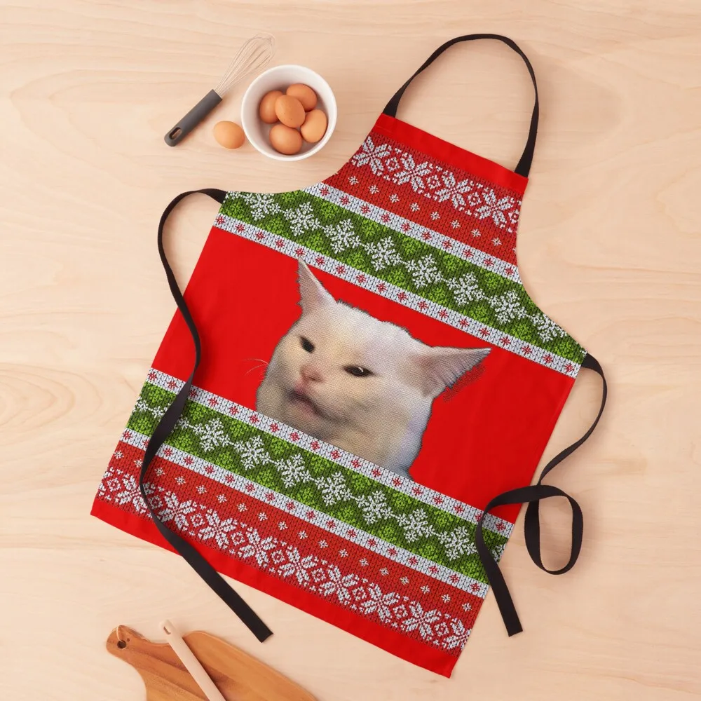 

Ugly Christmas Sweater Woman Yelling at Cat Funny Holiday Apron Restaurant Kitchen Equipment Waiter Uniforms Women's Apron