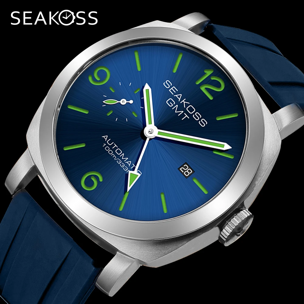 SEAKOSS 100m Diving Men GMT Automatic Mechanical Watches 1963 Clock Original Dual Time Zone Super Luminous Sapphire Wristwatches