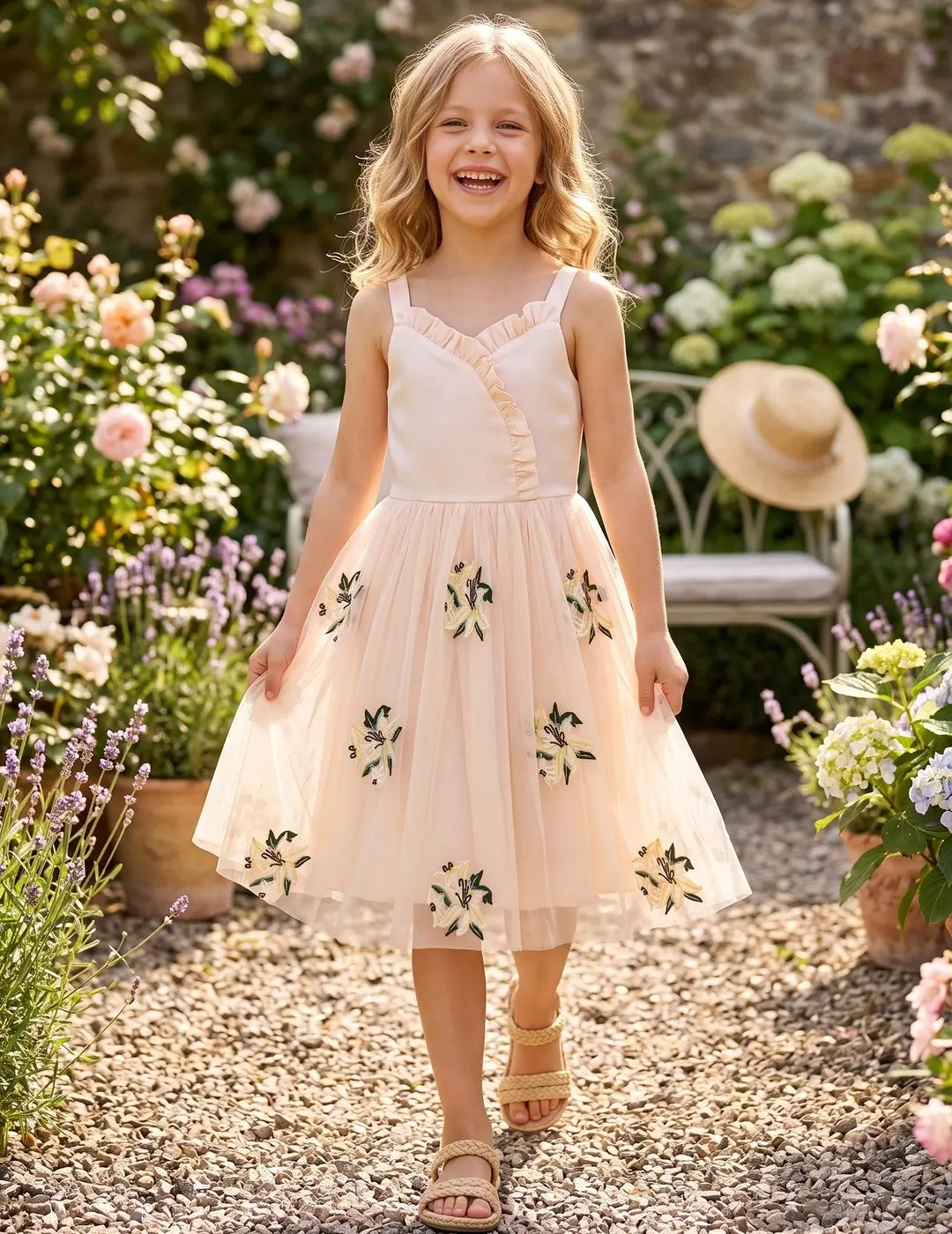 Girls Dress Beige Floral Embroidered Mesh Ruffle Sleeveless Party Below Knee Tulle Dress