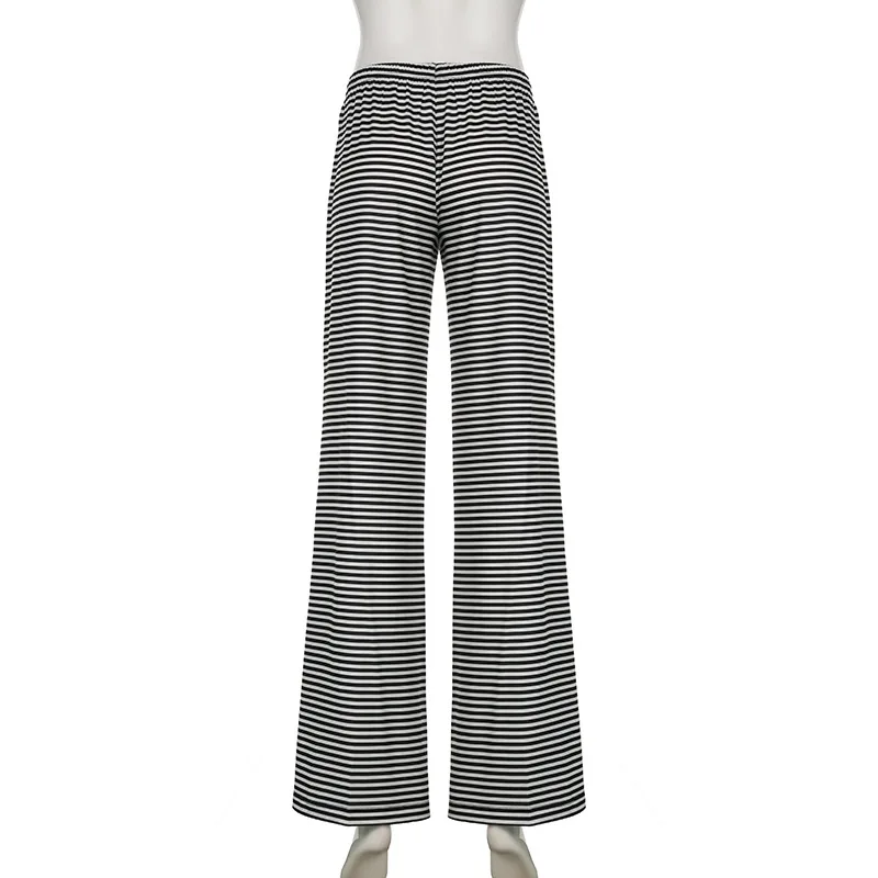 Women Casual Striped Wide Leg Pants Drawstring Elastic Low Waist Baggy Sweatpants Loose Straight Trousers Leisure Streetwear