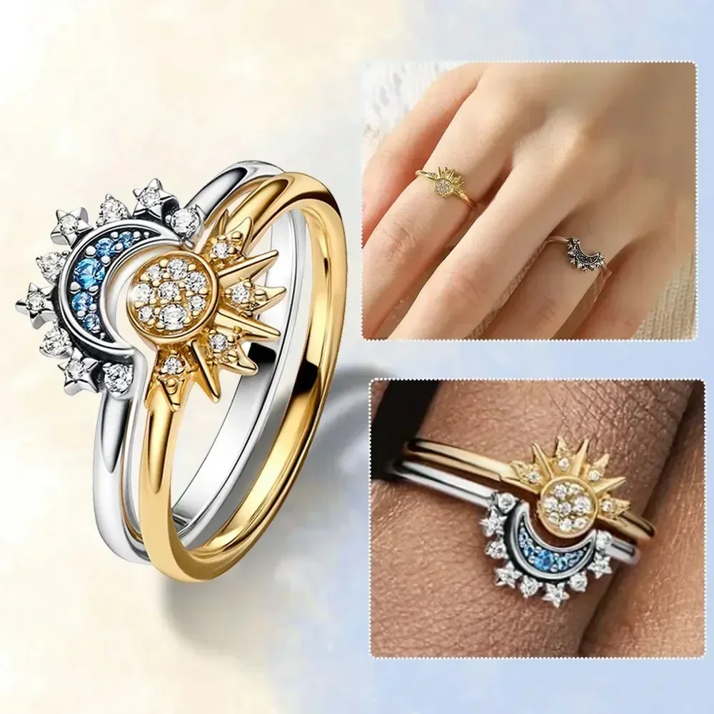 2pcs/set Sparkling Ring Riyue Suitable Ring for Women To Wear Fashion Female Sun Moon Star Simple Two-piece Ring Set