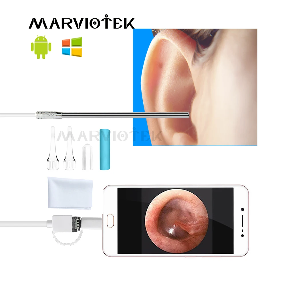 HD Visual Ear Endoscope 3-in-1 Cleaning Tool with Multifunctional Earpick 5.5mm Mini Camera for Android PC Otoscope Inspection