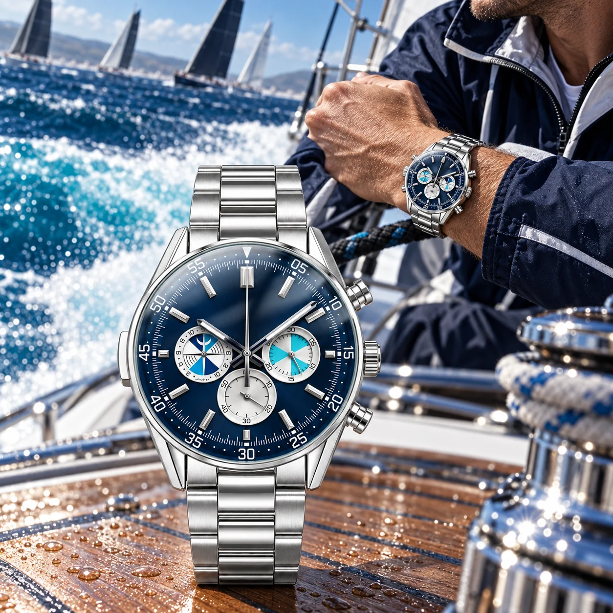 Men's 42mm Quartz Chronograph Watch Blue Dial Three Subdials Stainless Steel Bracelet Business Sport Wristwatch