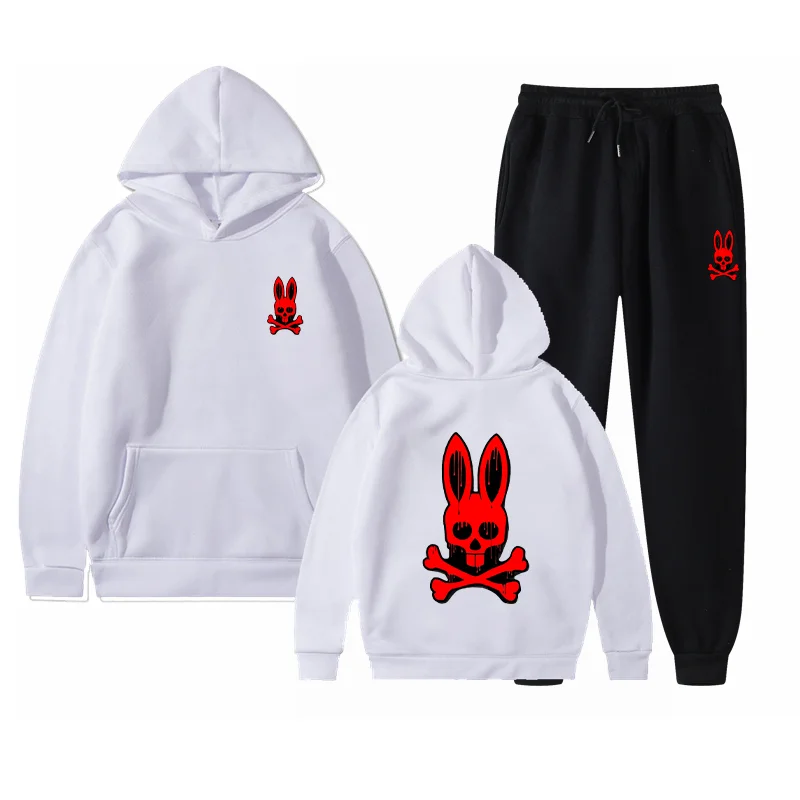 Spring and Autumn Men's and Women's Skull Rabbit Terrifying Personalized Printed Hoodie+Pants Set, available for individual sale