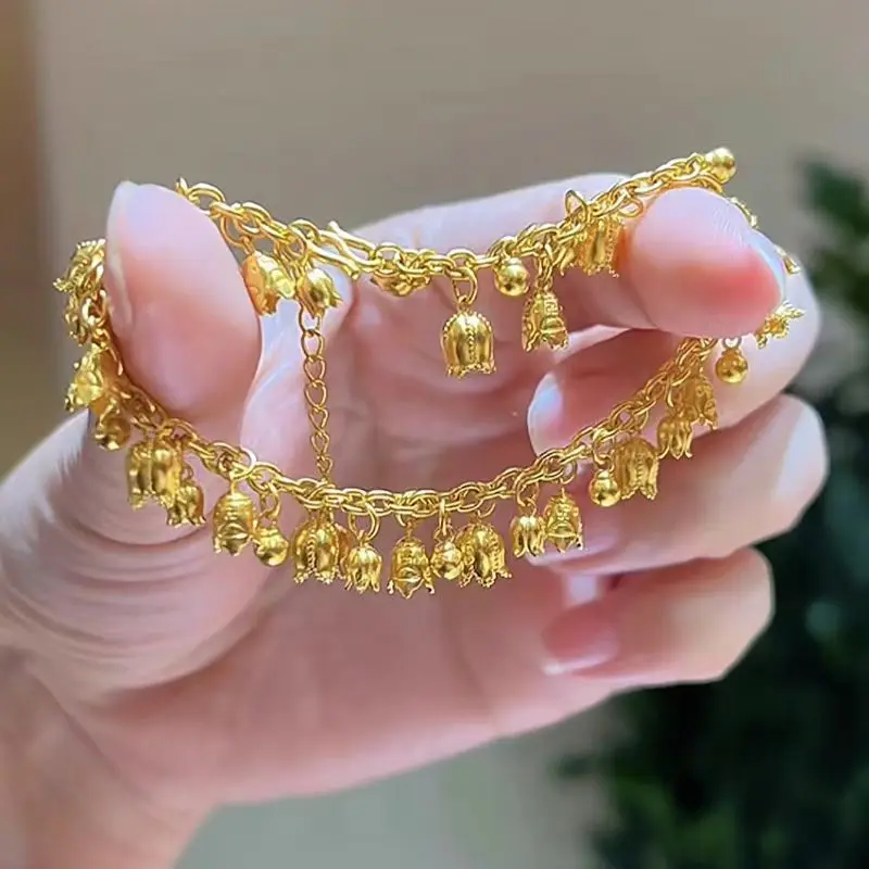 Lily of the Valley Bracelet for Women, 24K Gold, AU999 | 3D gold flowers with pearl/diamond accents, delicate romantic charm.