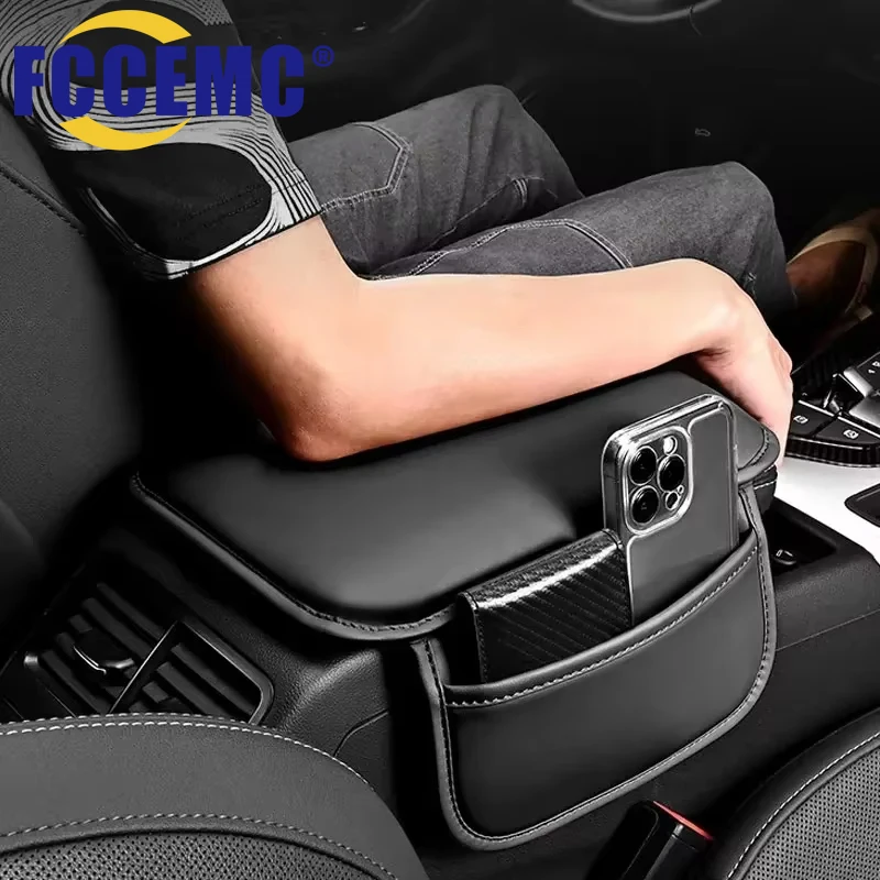Car Center Console Armrest Cushion Cover with Side Storage Pocket PU Leather Elbow Support Pad Auto Interior Accessories