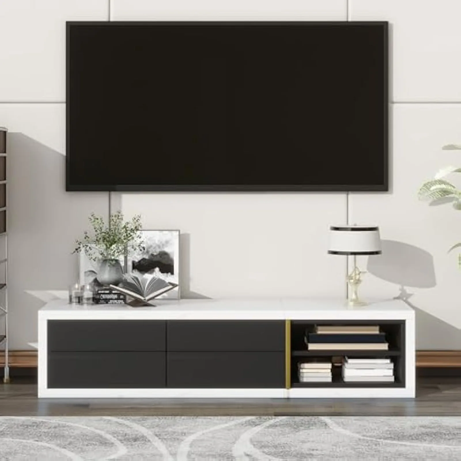 US Modern Extendable TV Stand for 100 Inch Television, Gaming Entertainment Center with 2 Storage Drawers & Open Shelves,