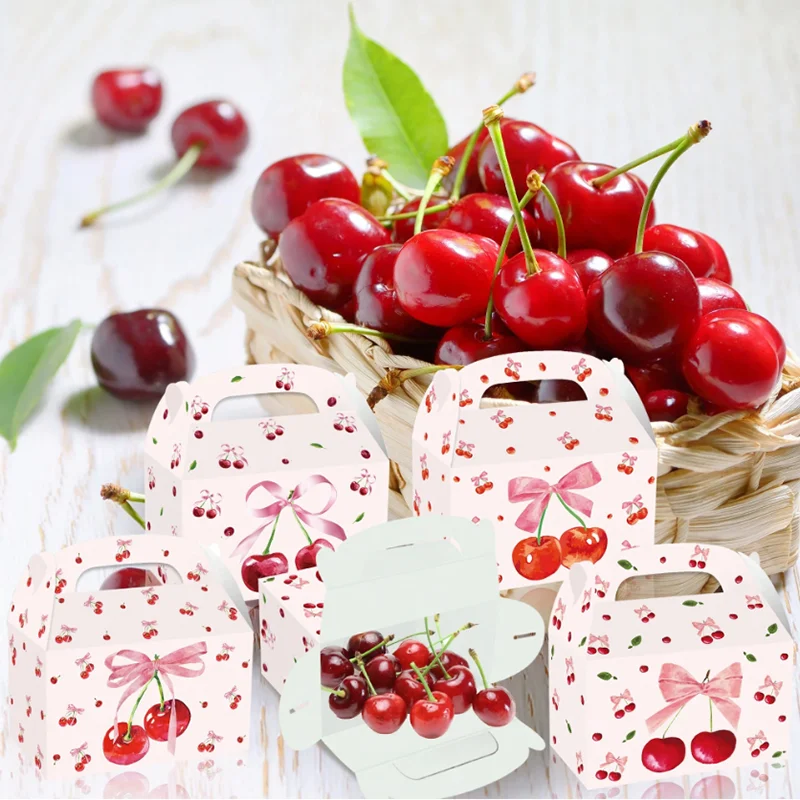 Caja de regalo de cumpleaños con diseño de cereza, 4/8 unidades, cajas de dulces de gelatina de frutas, bolsa de papel plegable, recuerdos de boda, contenedor portátil, suministros para fiestas