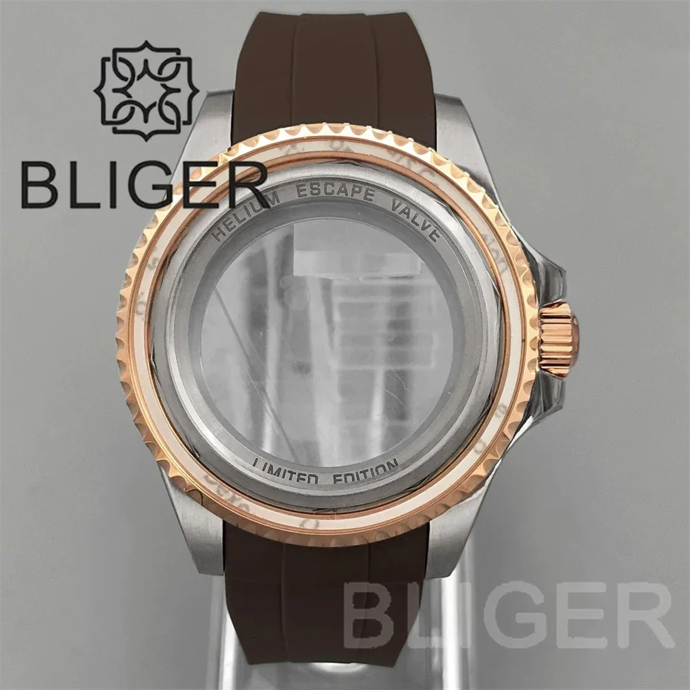 

Корпус часов BLIGER 43 мм, двухцветный, из розового золота, с коричневым резиновым ремешком, сапфировое стекло, подходит для механизмов NH34, NH35A, ETA2824, PT5000.