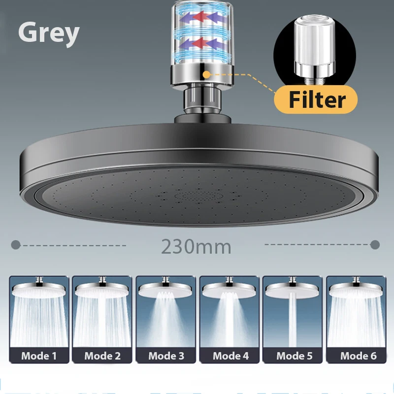 9 inch 6 Modes Big Panel Rainfall Shower Head High Pressure Top Rain ShowerHead Large Flow Supercharge Shower Faucet with Filter