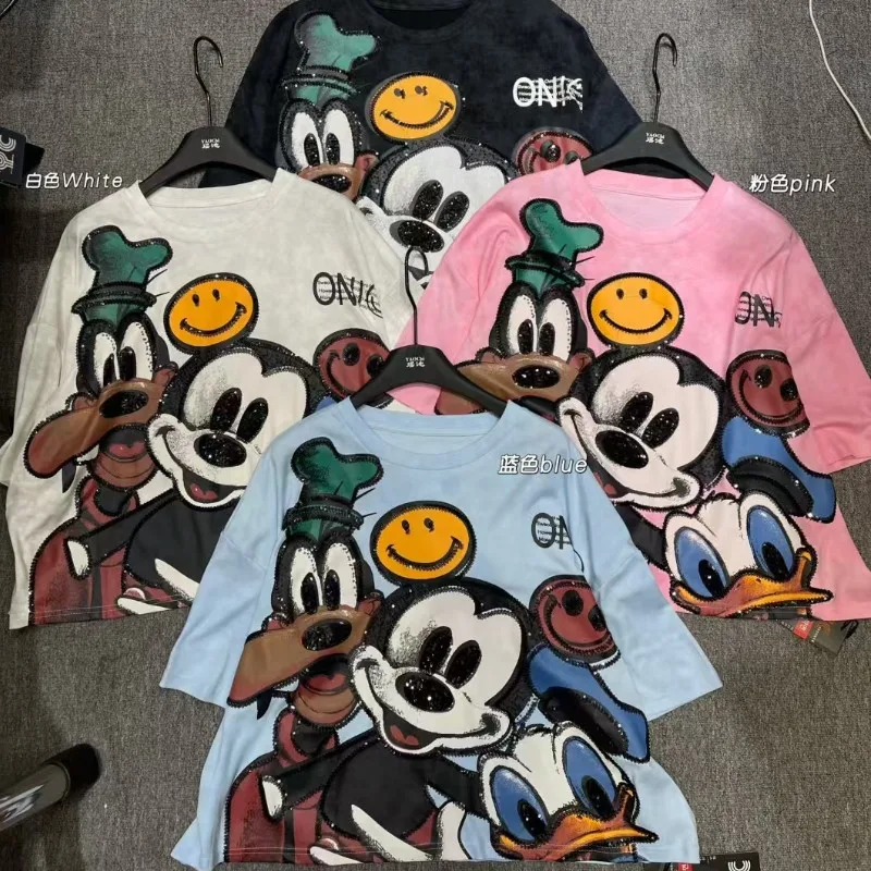 

Summer Korean Style Loose Age Reducing Mickey Print Round Neck Tops Pink Pullover T Shirt Women Versatile Casual Women Clothing